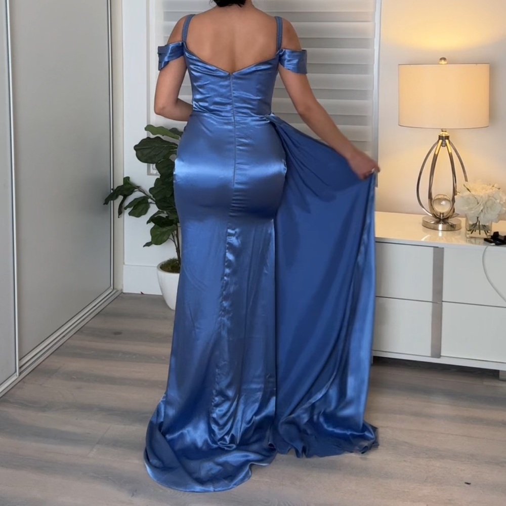 Blue prom dress with slit.
